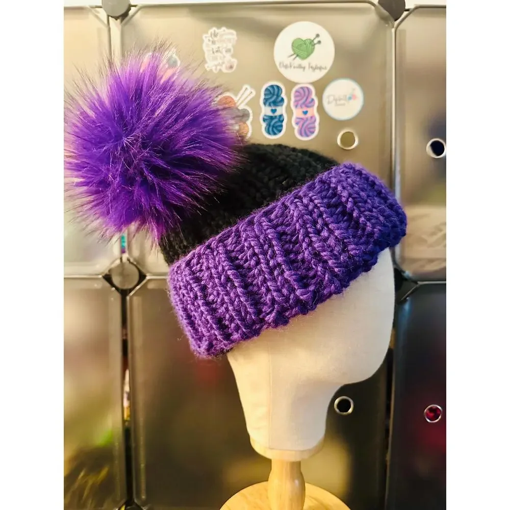 Hand Knit Beanie with Double Faux Fur Poms - Adult Winter Hat